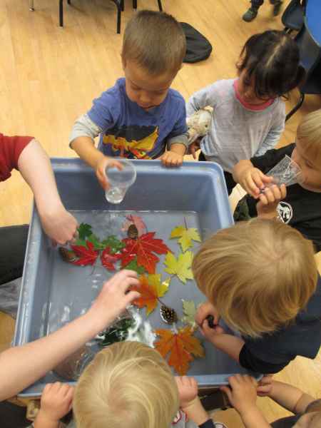 children playing with wet leaves in a bin